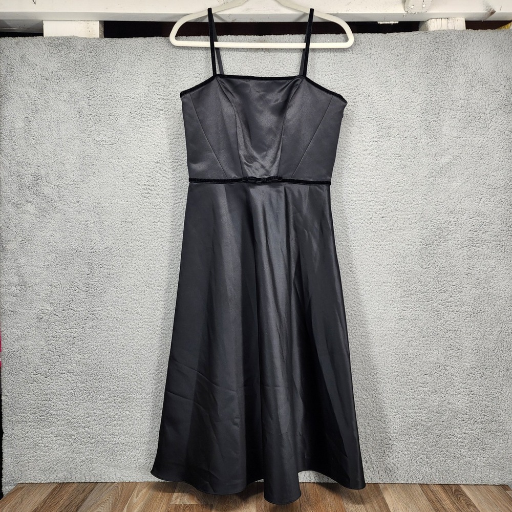 Donna Morgan Black‎ Satin Midi Dress Velvet Trim Bow Spaghetti Strap Womens 6
